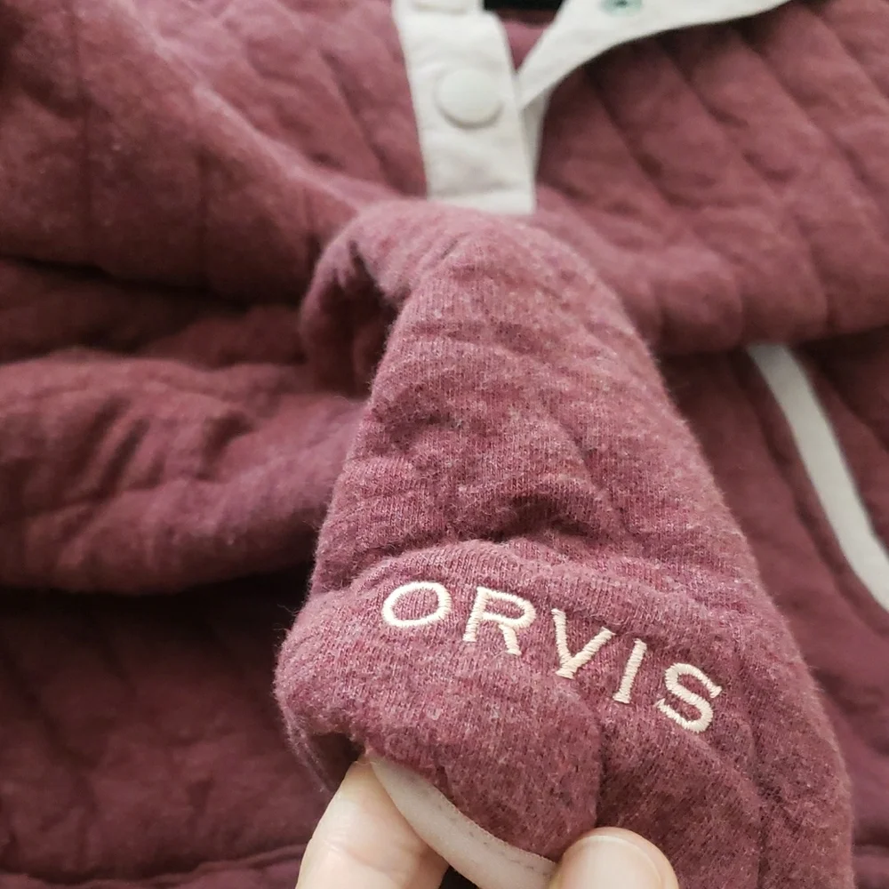 Orvis Maroon Quilted Pullover Sweater Jacket Pink Trim 100% Cotton Pockets #75 - Picture 8 of 8